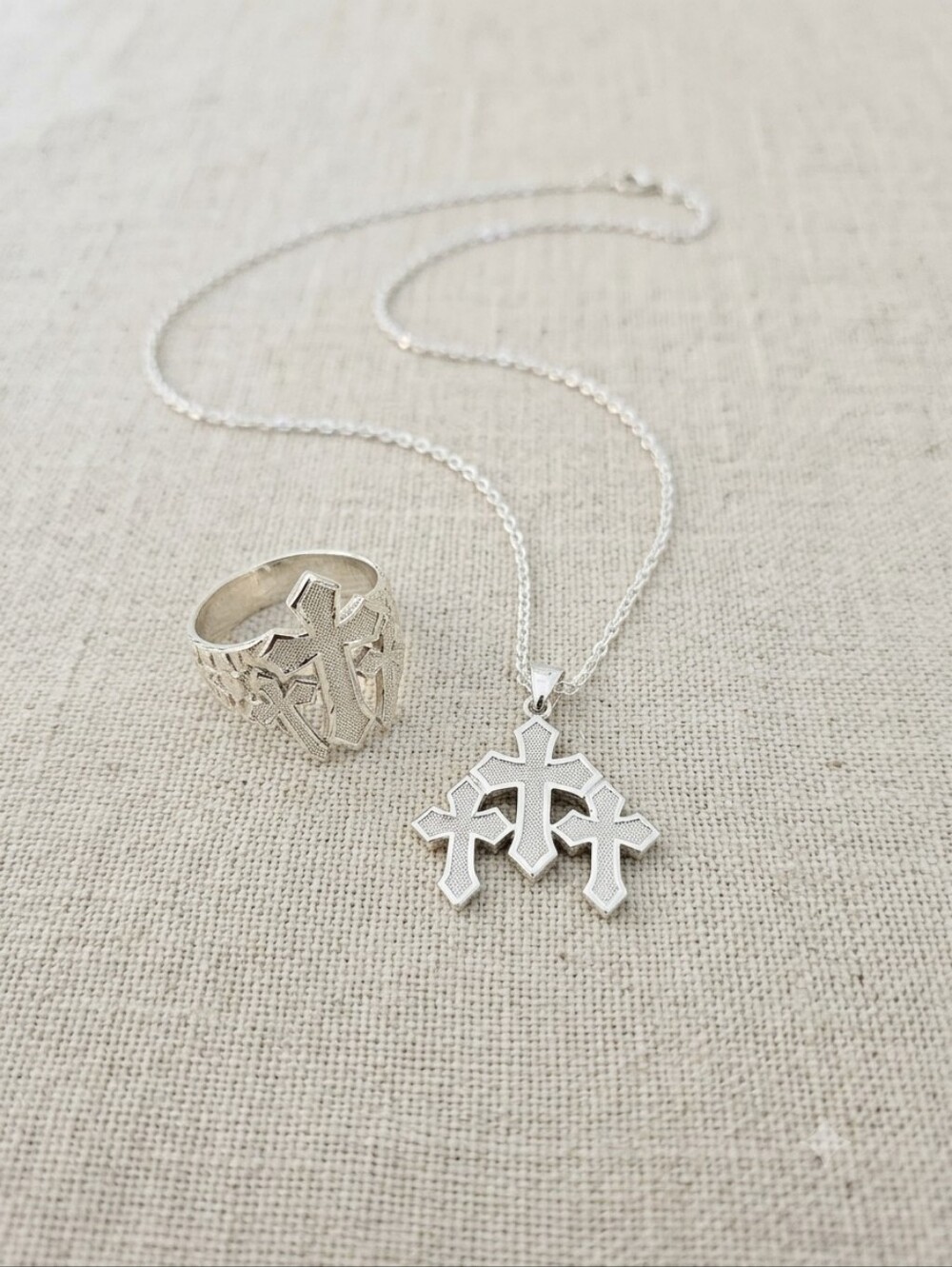 Sterling Silver Triple Cross Pendant Necklace with Matching Ring, Ring Size 10